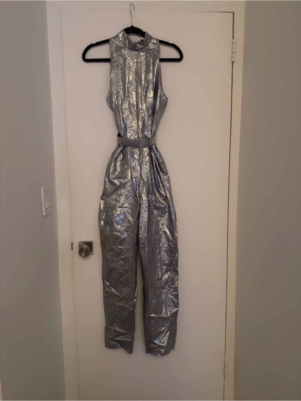 Metallic Silver Sleeveless Jumpsuit with Belt